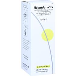 Verpackung von Nystaderm-S Medizin mit Dosierpumpe.