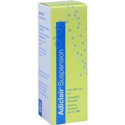 Gelbe Medikamentenverpackung mit blauem Streifen und Aufschrift "Adiclair Suspension".